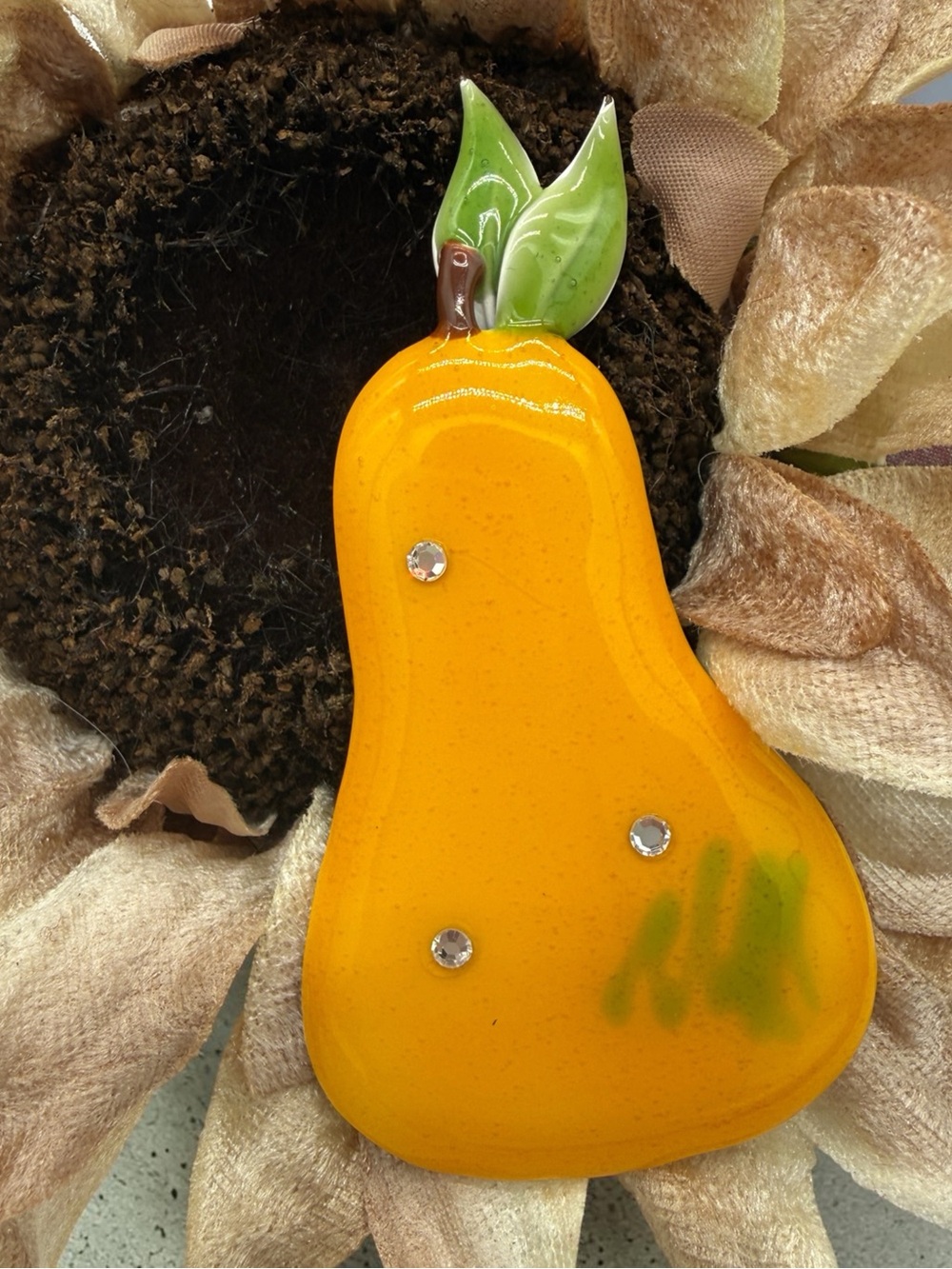 Vintage Large Yellow Pear Metal & Enamel Brooch with Green Leaf and Rhinestones